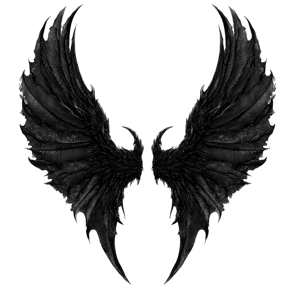 Elegant black demon wings isolated against a pristine transparent background showcasing detailed textures, black demon wings isolated on transparent background png