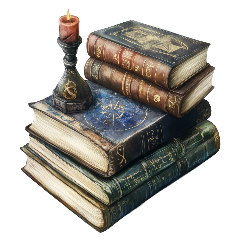 Magical books stacked with a candle, showcasing enchanted stories on a clean transparent background, Enchanted Magic Books Isolated on transparent background png