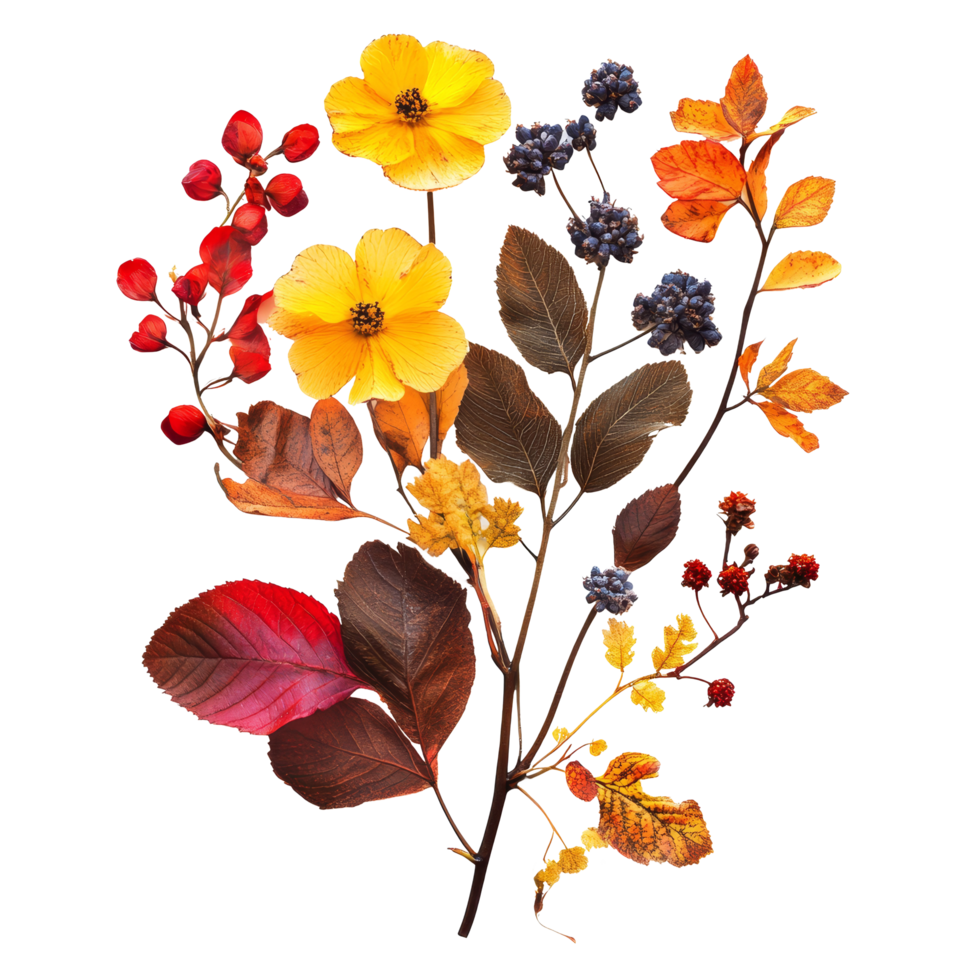 Autumn flowers and leaves arranged on a transparent background for seasonal decoration and inspiration, of autumn flowers isolated on a transparent background png