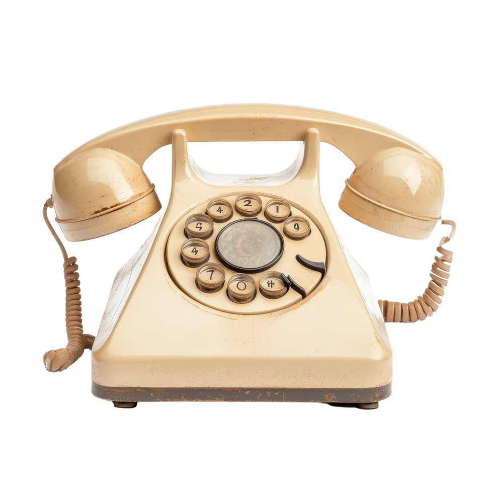 A vintage beige rotary phone against a transparent background highlights its classic design and timeless charm, Vintage beige phone isolated on transparent background png