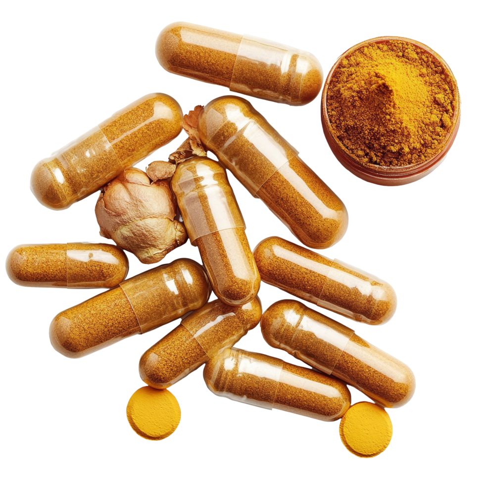 Turmeric powder and capsules displayed on a transparent background for health and wellness promotion, Turmeric and turmeric capsules on transparent background png