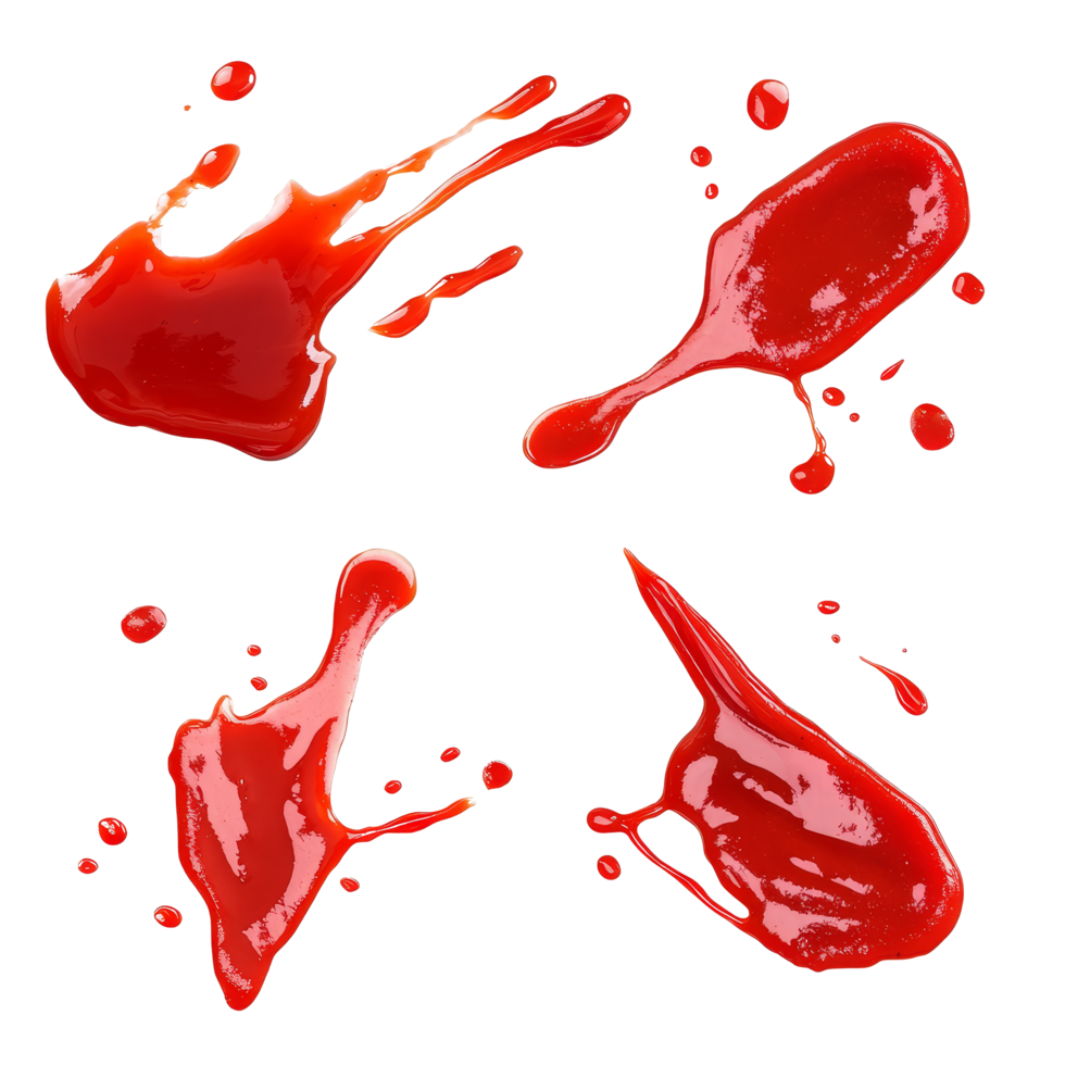 Collection of isolated red ketchup sauce stains on a transparent background showcasing various shapes and splashes, red ketchup sauce stain isolated on transparent background png