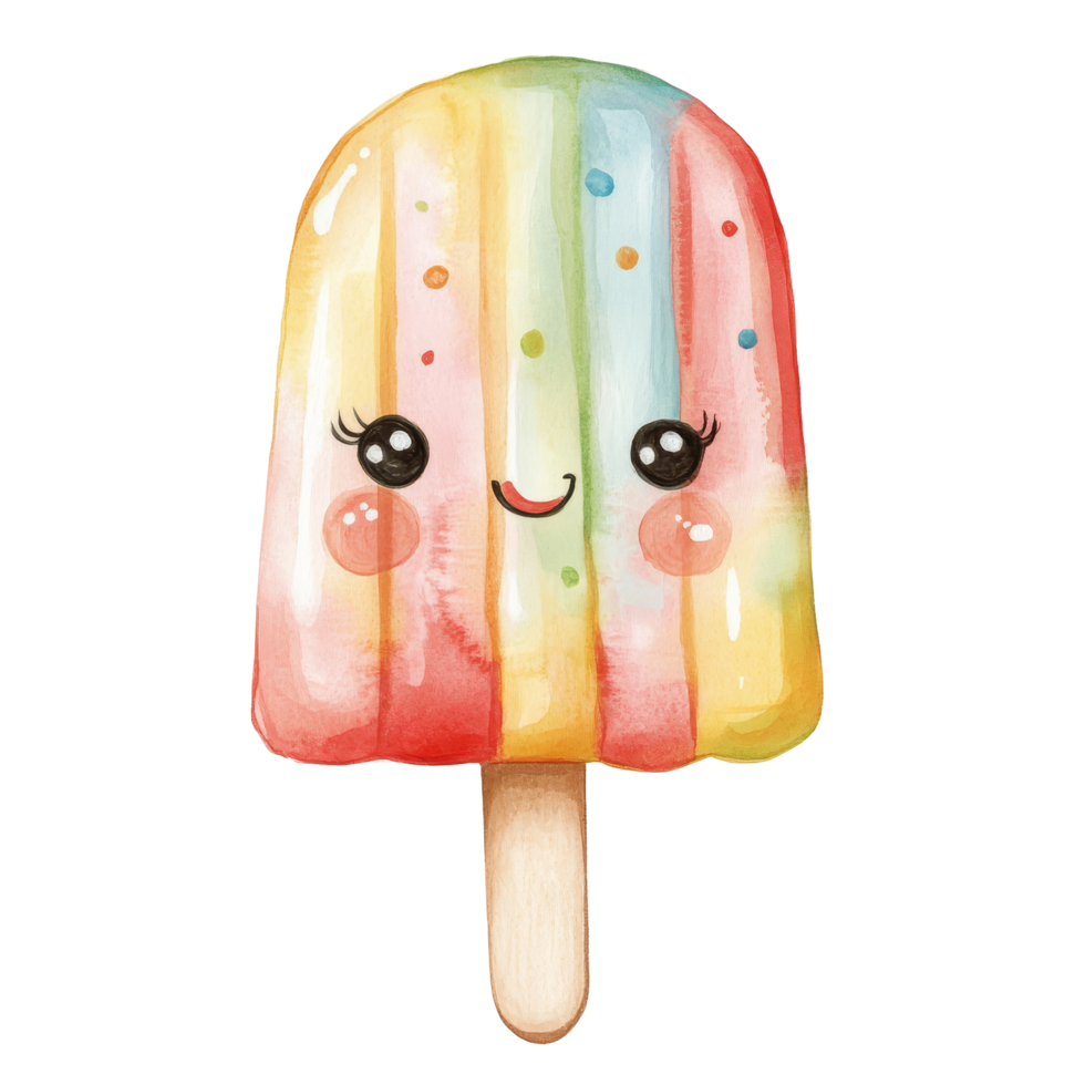 Kawaii watercolor cartoon character popsicle with a cheerful expression on a transparent background, kawaii cartoon character popsicle on transparent background. popsicle transparent background png