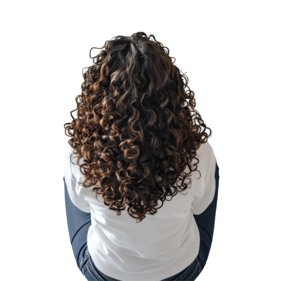 Woman with curly hair sits thoughtfully on a minimalist background wearing a transparent top, Back View of Woman Sitting with Curly Hair on transparent background png