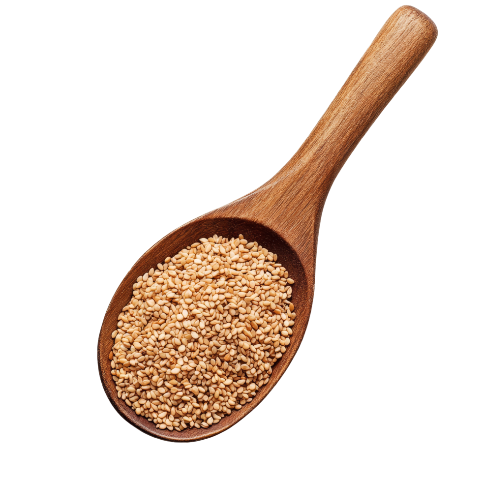Sesame seeds in a wooden spoon isolated on a transparent background showcasing culinary ingredients, Sesame seeds in a wooden spoon isolated on transparent background png
