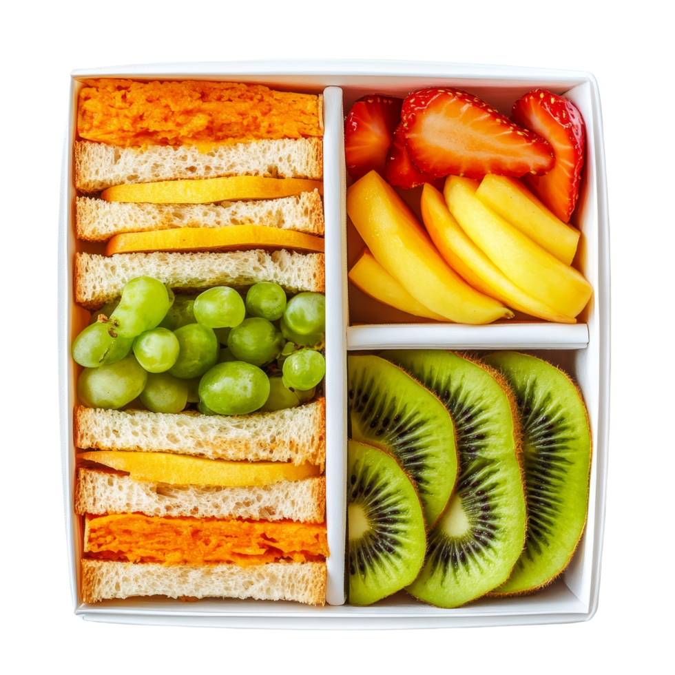 Healthy school breakfast box featuring a sandwich and fresh fruit for a nutritious start to the day, Healthy School Breakfast Box with Sandwich and Fruit Isolated on transparent background png