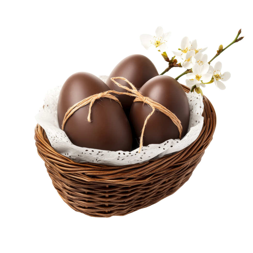Chocolate Easter egg gift presented in a charming basket with delicate flowers, perfect for celebrating spring festivities, Chocolate Easter Egg Gift in Basket Isolated on transparent background png