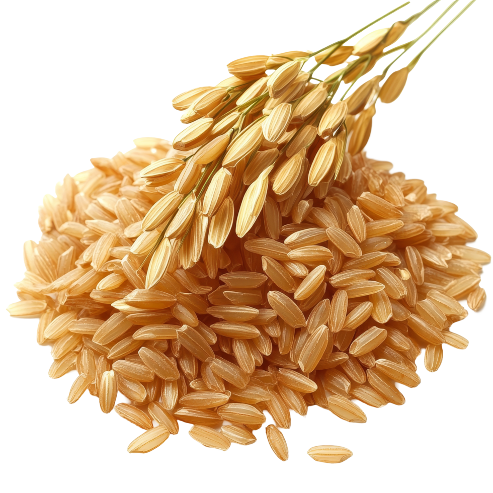 A generous pile of brown rice grains is displayed on a pristine transparent surface alongside golden rice ears, brown rice isolated on transparent background png