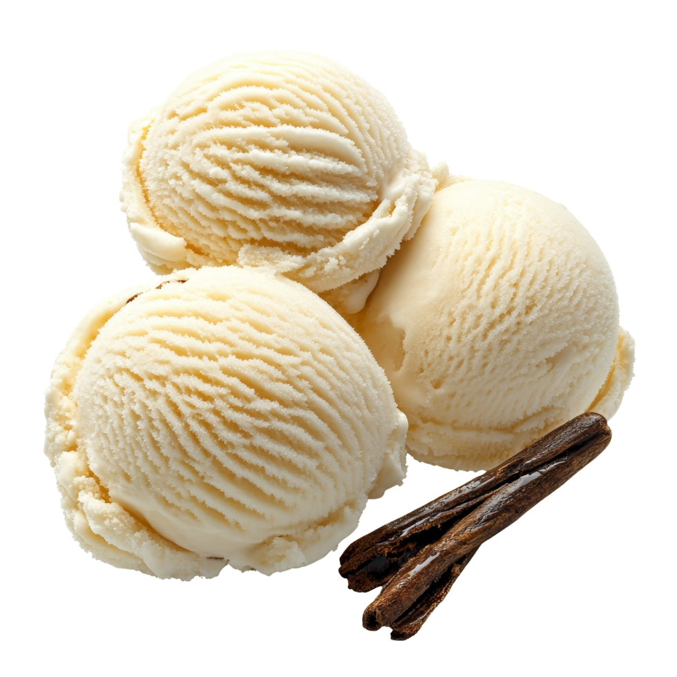 Delicious vanilla ice cream scoops served with fresh vanilla pods on a transparent background, Vanilla ice cream isolated on transparent background clipping path included png
