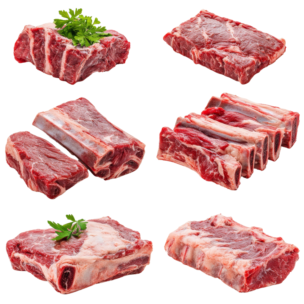 A diverse collection of fresh raw beef ribs arranged with a touch of green garnish for a culinary showcase, Collage of different isolated raw beef ribs meat png
