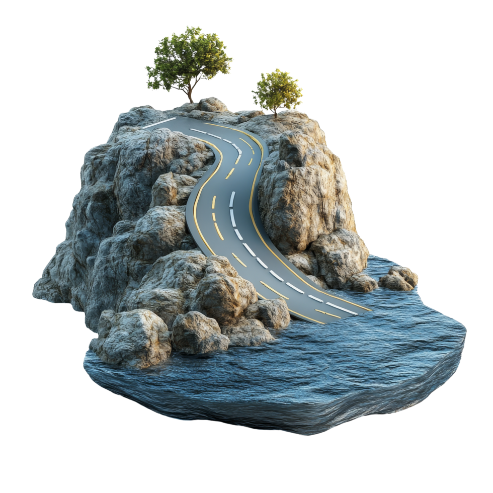 A floating road winding over rocky island terrain during a tranquil day, 3D Illustration of a Floating Road on Rocky Island, Isolated on transparent background Background png