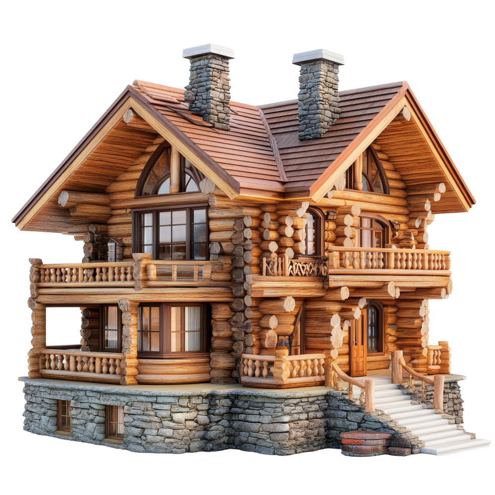 Luxurious wooden home surrounded by a serene transparent background featuring elegant architectural design, Beautiful wooden luxury home on a transparent background png