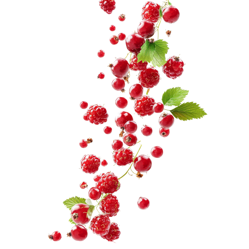 Red summer berries cascade beautifully on a bright transparent backdrop, showcasing their vibrant color and fresh appeal, red summer berries fallingisolated on transparent background png