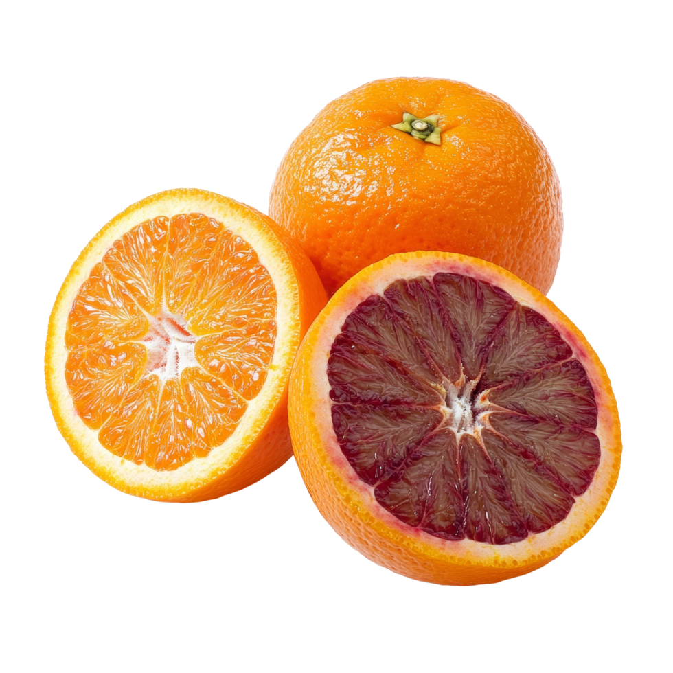Blood orange and tangerine halves displayed alongside a whole orange on a transparent background, blood orange, tangerine, orange on transparent background png