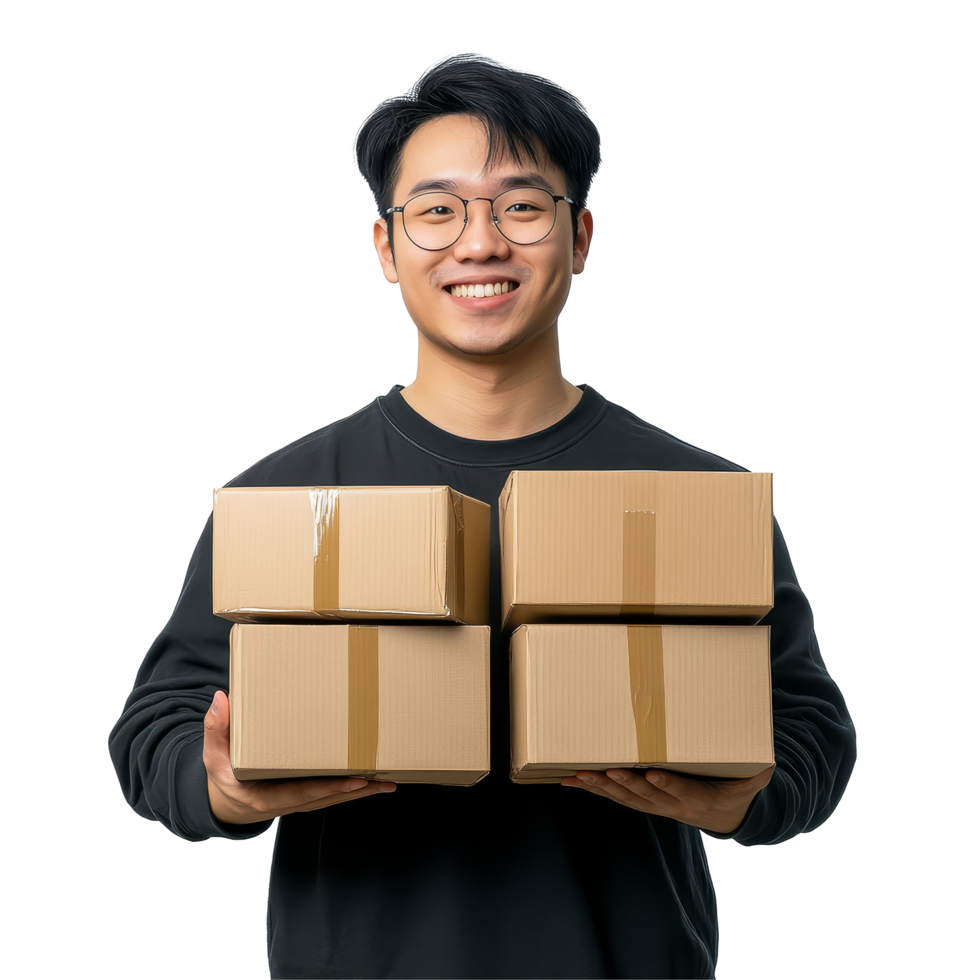 Cheerful young Asian man joyfully holding delivery packages indoors in a bright setting, Happy young Asian man holding package parcel boxs isolated on transparent background png