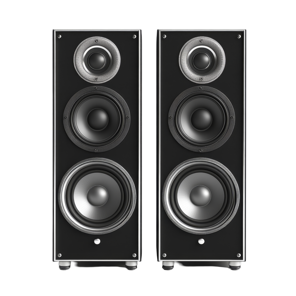 Highquality audio loudspeakers rendered from the front view, isolated on a transparent background, audio loudspeakers, front view, 3d render, isolated on transparent background png