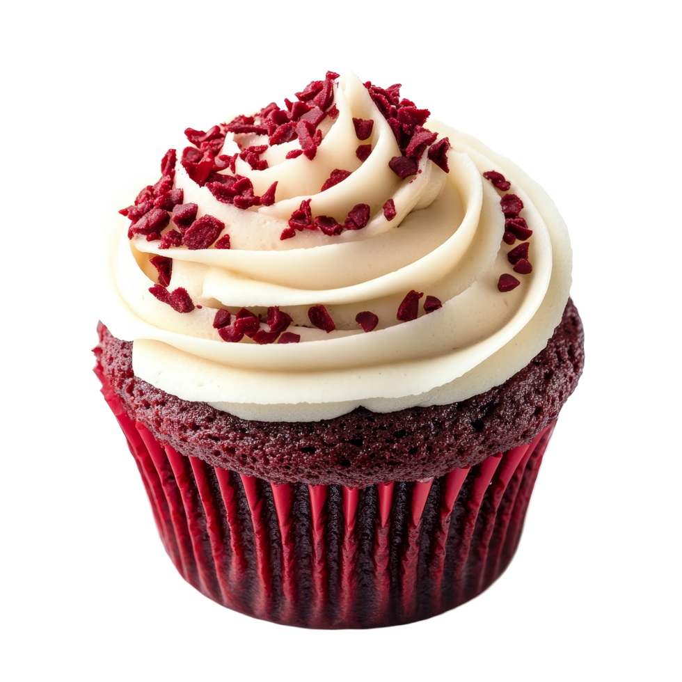 Delicious red velvet cupcake with cream cheese frosting on a clean transparent background, red velvet cupcake isolated on transparent background png