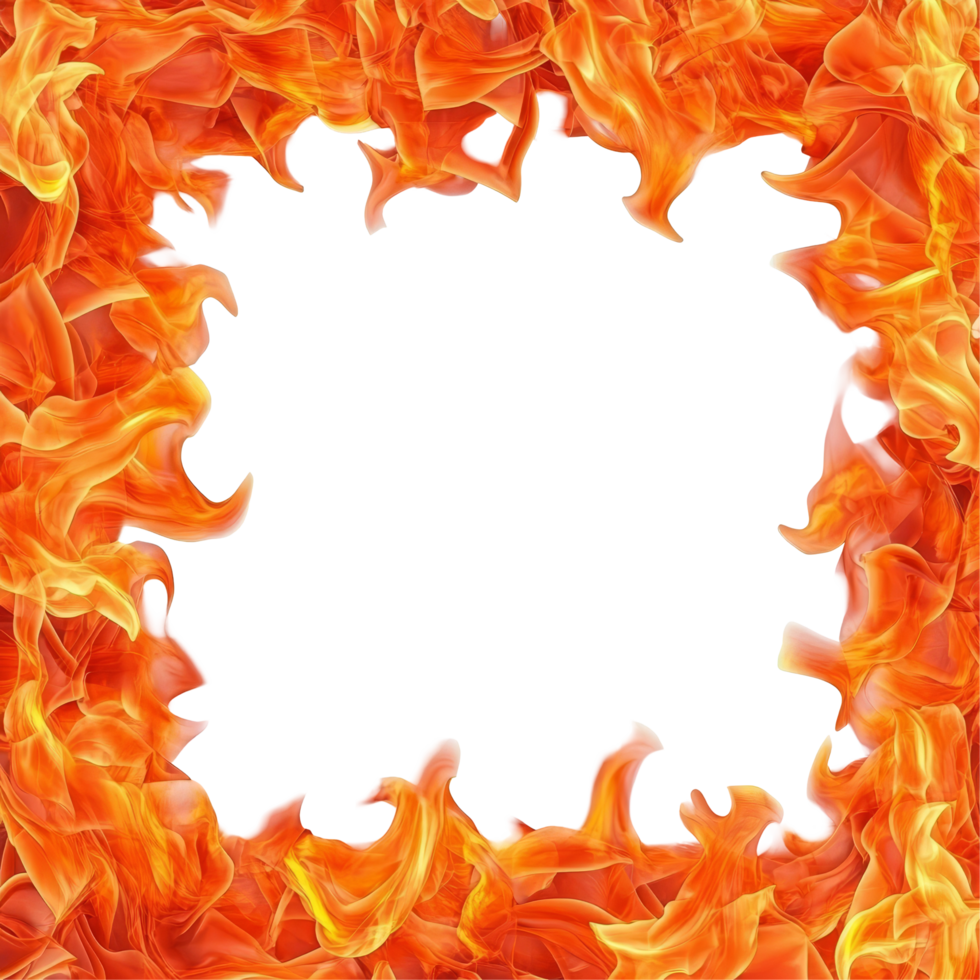 Bright orange fire frame border on a clean transparent backdrop for artistic design or decoration, orange hot fire frame border isolated on transparent background png