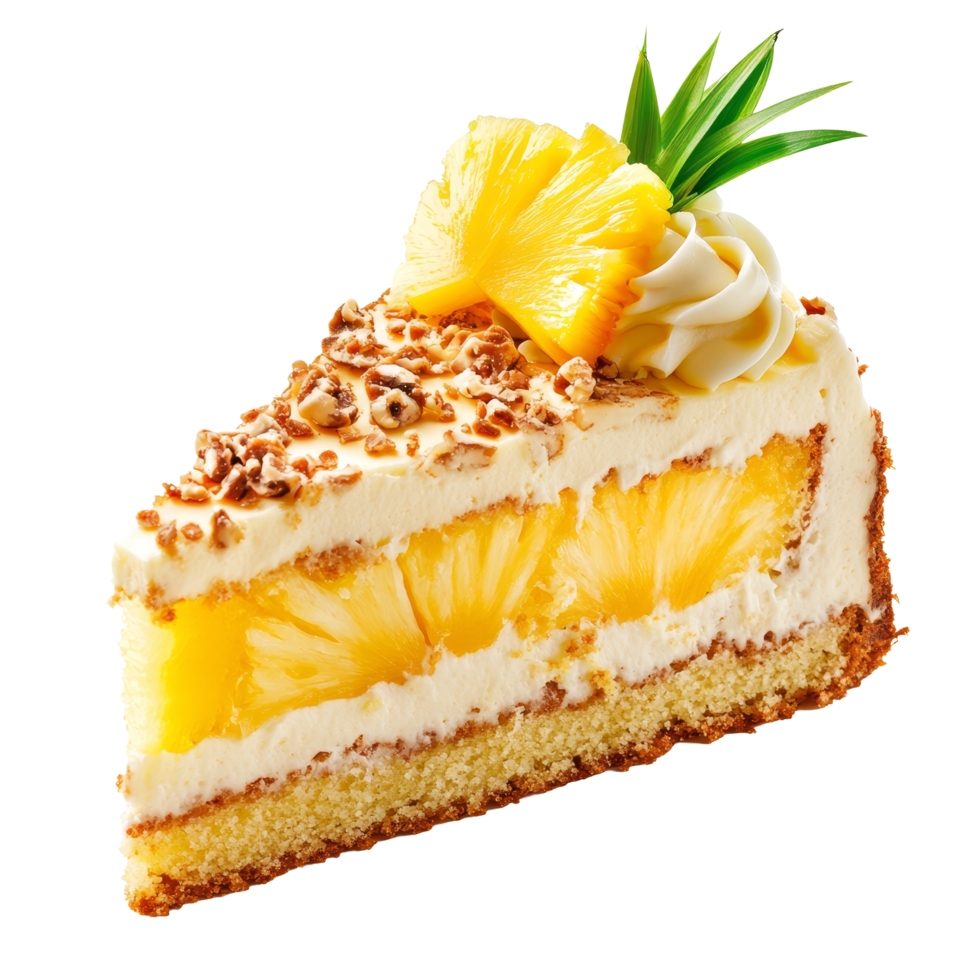 Delicious pineapple cake slice garnished with fresh pineapple and cream on a clean, bright background, pineapple cake slice on a clean background, format with clipping path png