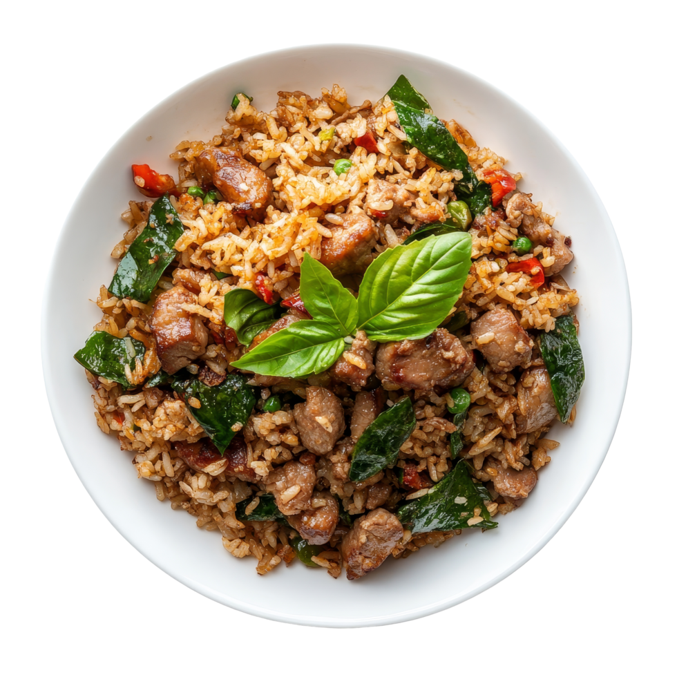 Delicious basil fried rice with pork served in a transparent bowl against a clean backdrop, Basil fried rice with pork Thai food on transparent background png