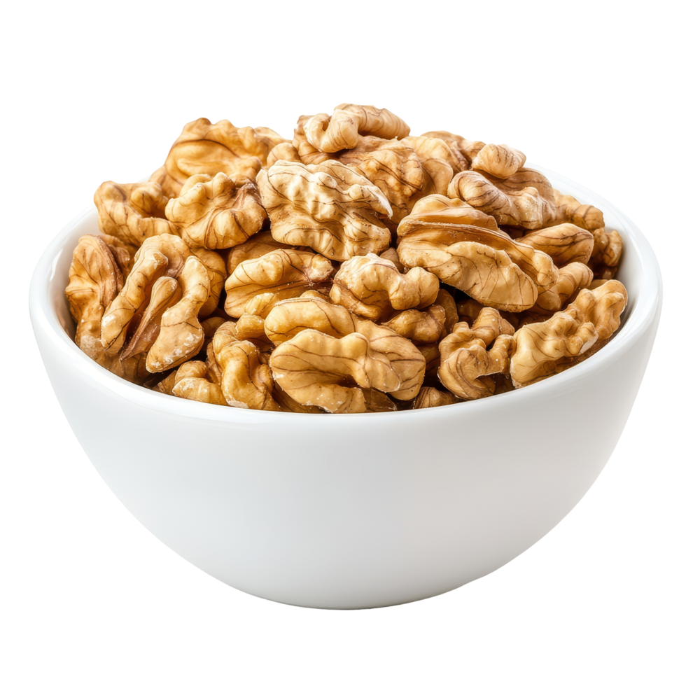 Fresh walnuts in a transparent bowl on a clean transparent surface for healthy snacking and cooking, Walnuts in transparent bowl isolated on transparent background png