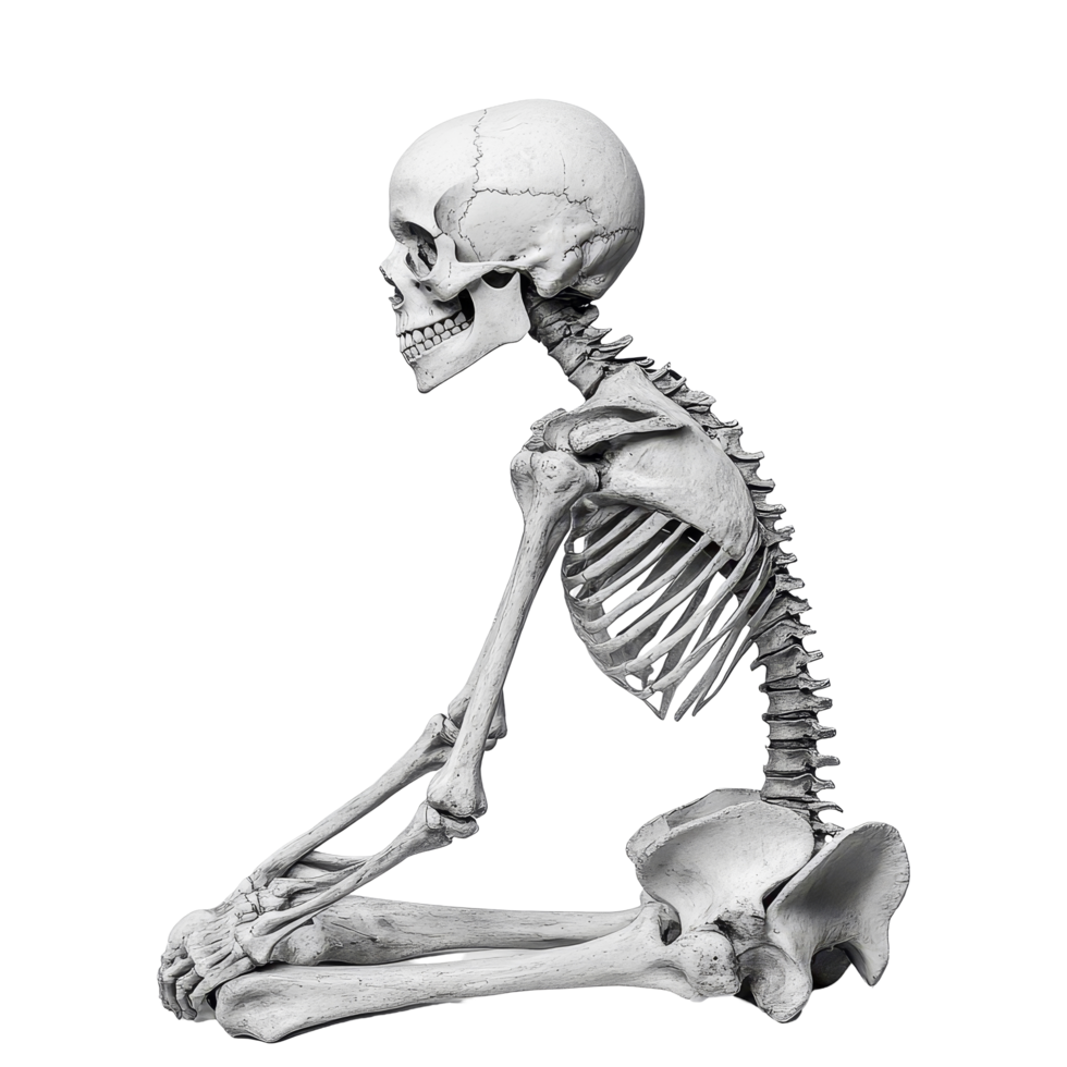 Realistic human skeleton isolated on a transparent background showcasing anatomical features in a seated position, Skeleton Isolated on transparent background png
