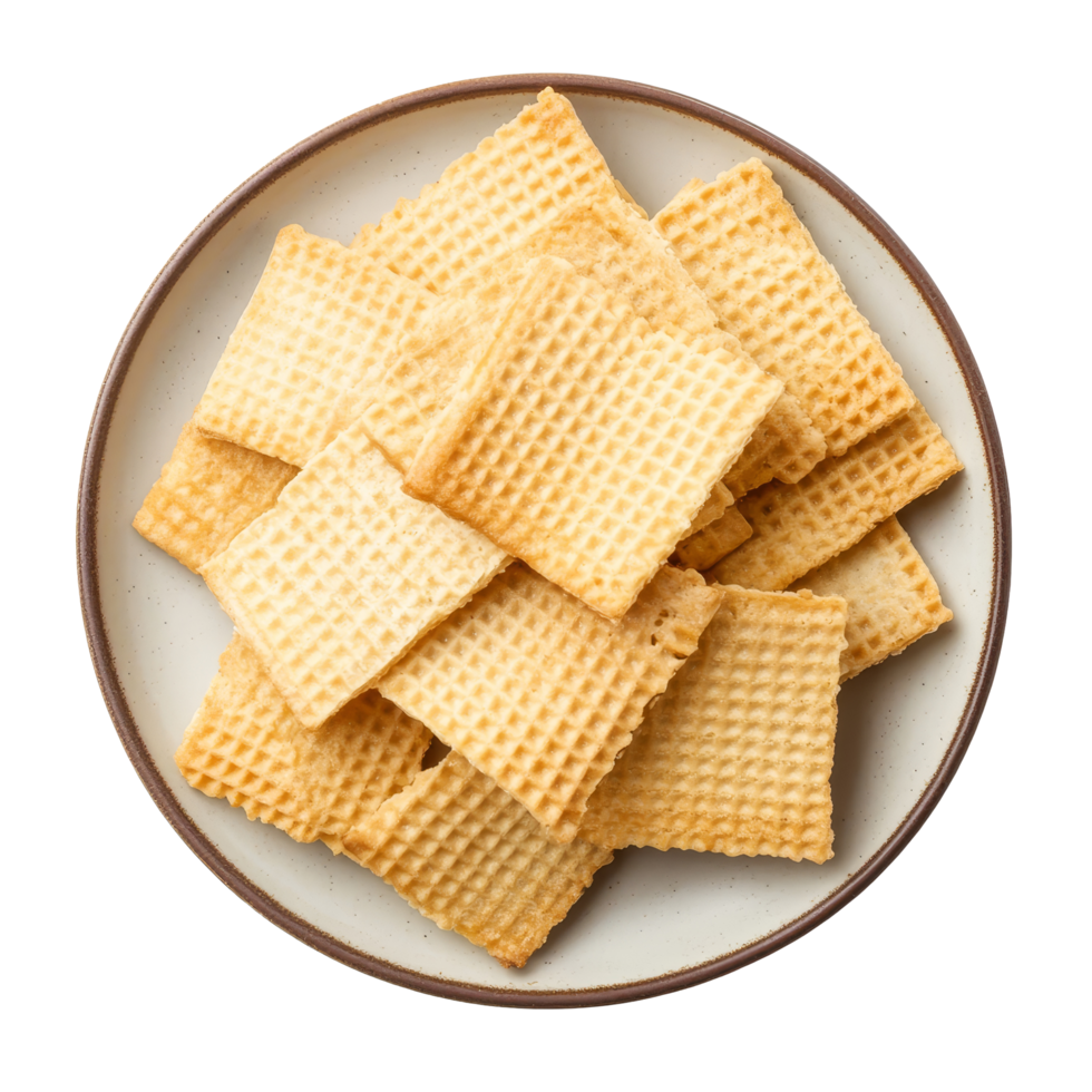 Freshly baked wafers arranged neatly on a round plate set against a bright transparent background, Wafers in a plate isolated on transparent background png