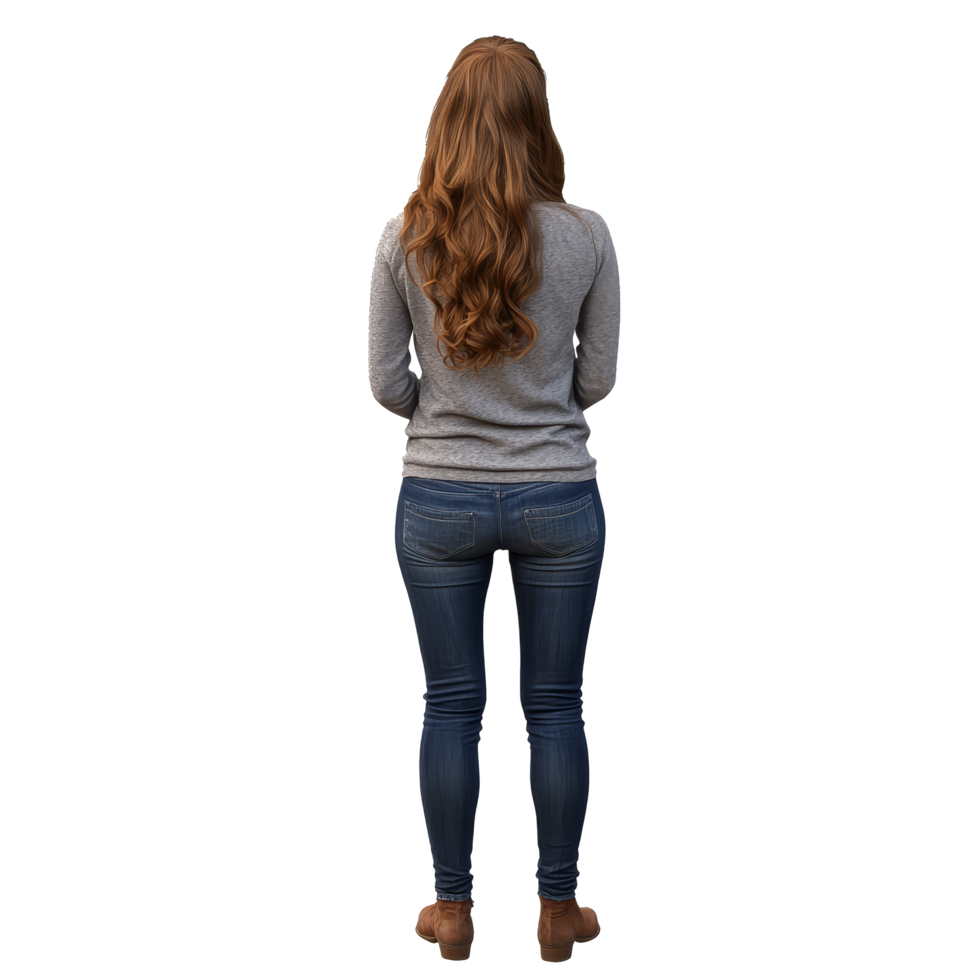 Young woman with long hair in casual attire standing in a relaxed pose indoors during daytime, Young woman standing back view file no background png