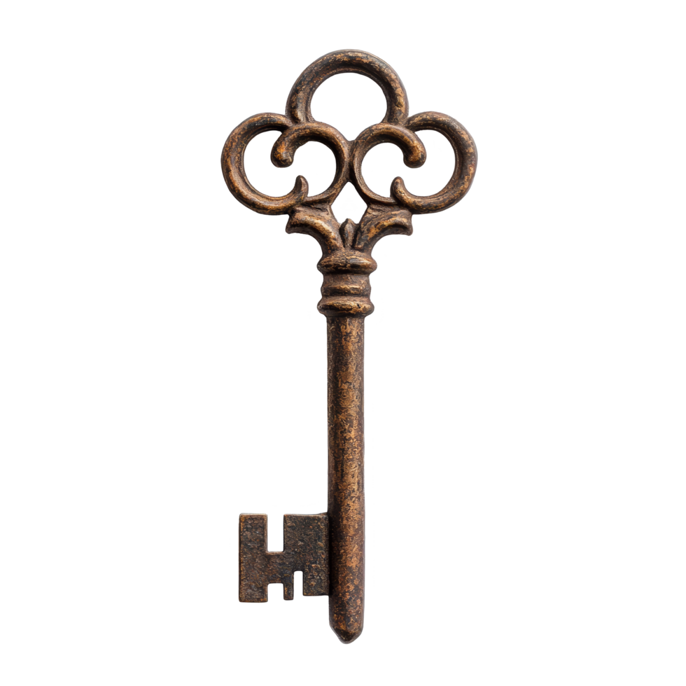 Vintage key resting on a soft transparent background highlighting its intricate design and aged metal texture, Vintage old key on a transparent background png