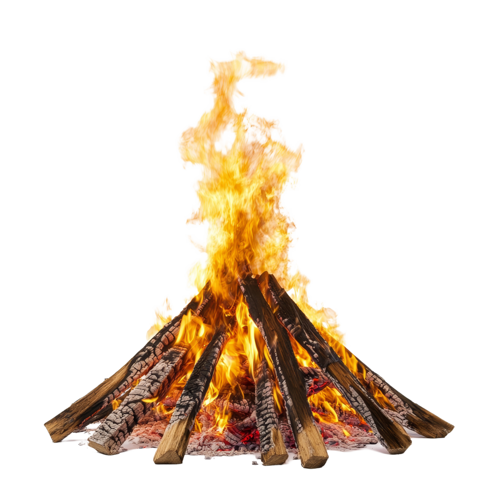 Bonfire with vibrant flames creating warmth and ambiance against a pure transparent background, bonfireisolated transparent background png
