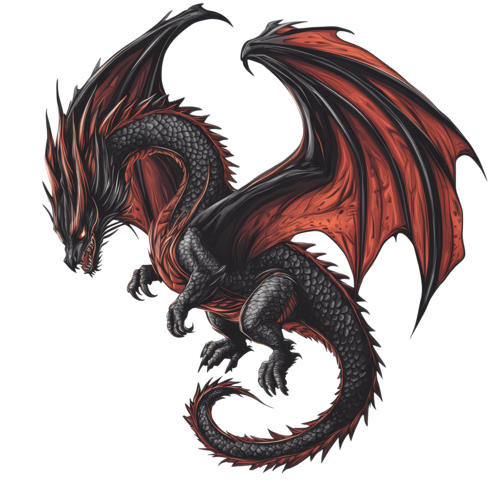 A majestic dragon with vibrant red wings and intricate scales, set against a transparent background, Illustration of a dragon on transparent background png