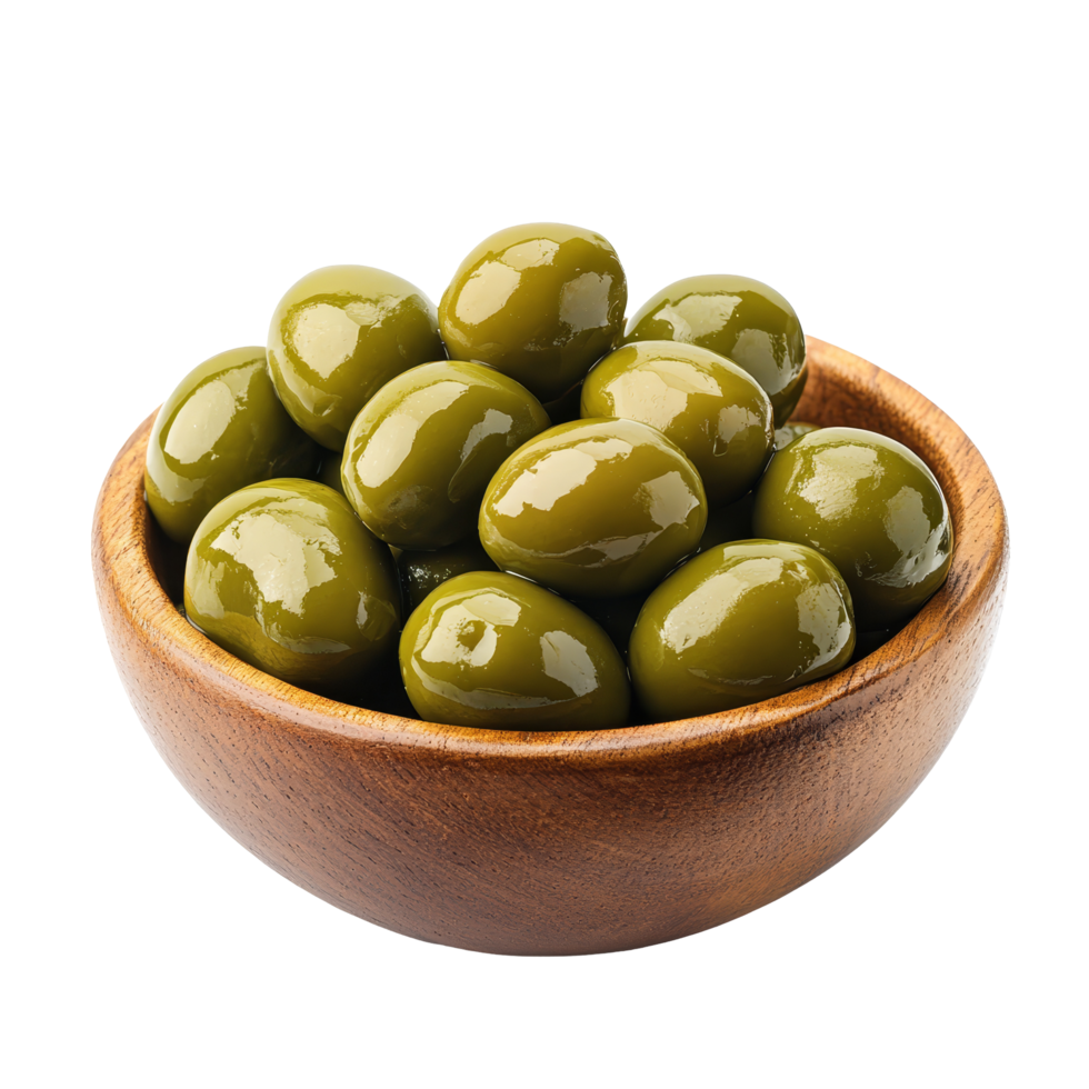 Fresh green olives arranged in a wood bowl against a clean transparent background for a natural look, green olives in wood bowl on transparent background png