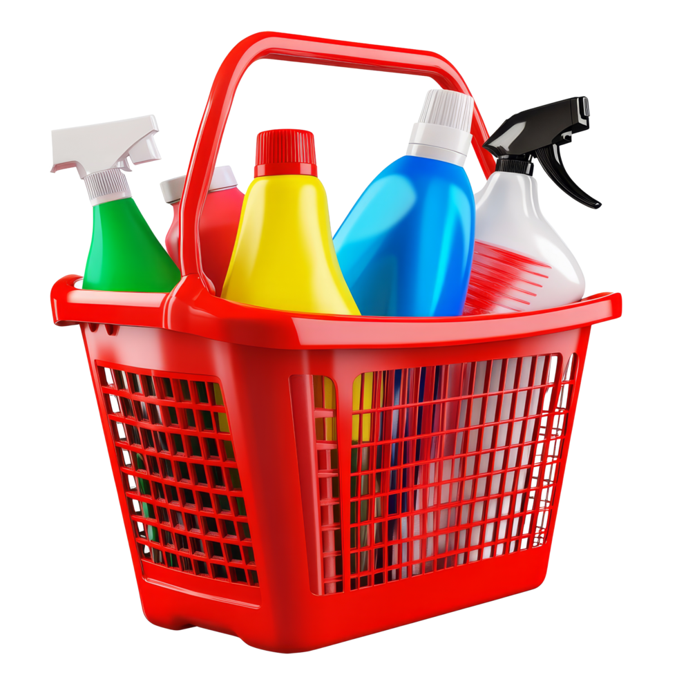 Red shopping basket filled with cleaning supplies ready for household tasks at home, file no background Red shopping basket with cleaning products png
