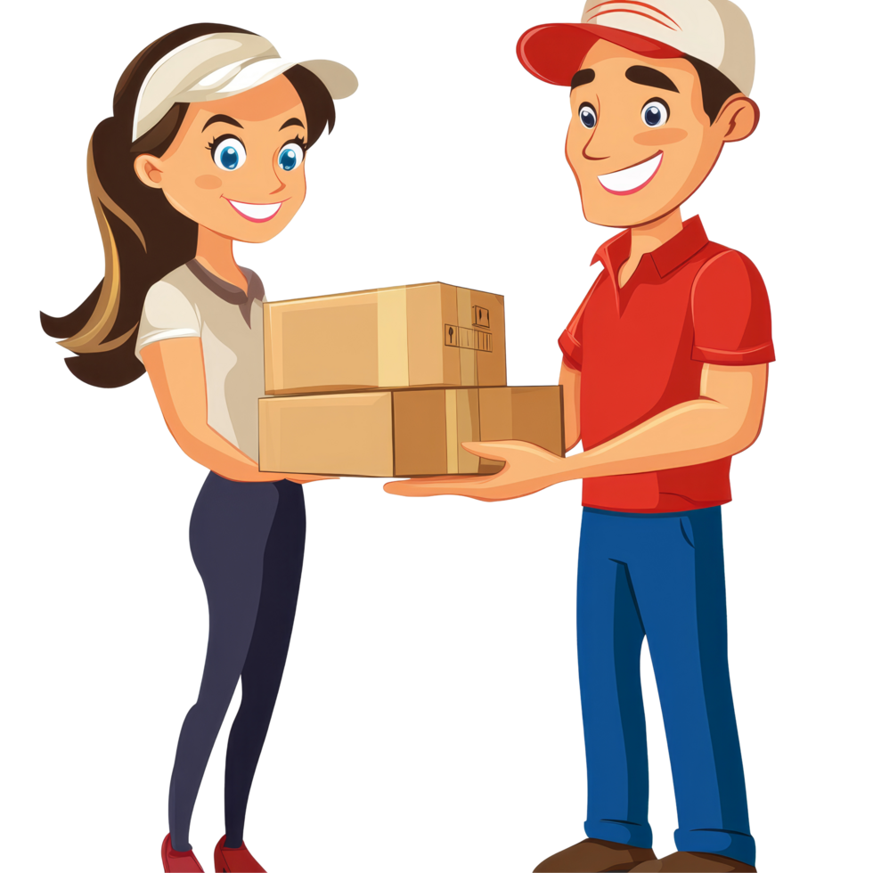 Courier delivers boxes to a cheerful customer in a friendly exchange on a busy day, file no background Courier delivering boxes to a customer png