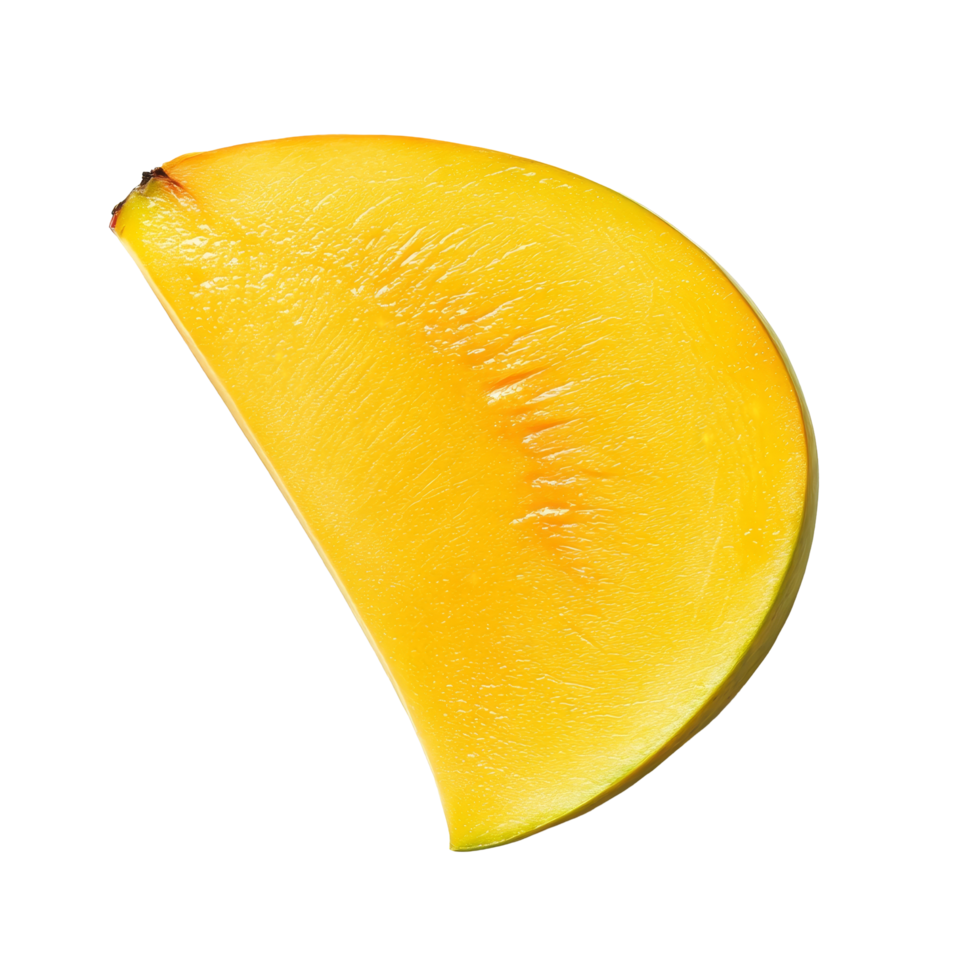 A fresh slice of ripe mango on a clean transparent background showcasing its vibrant yelloworange color, slice of mango on transparent background png