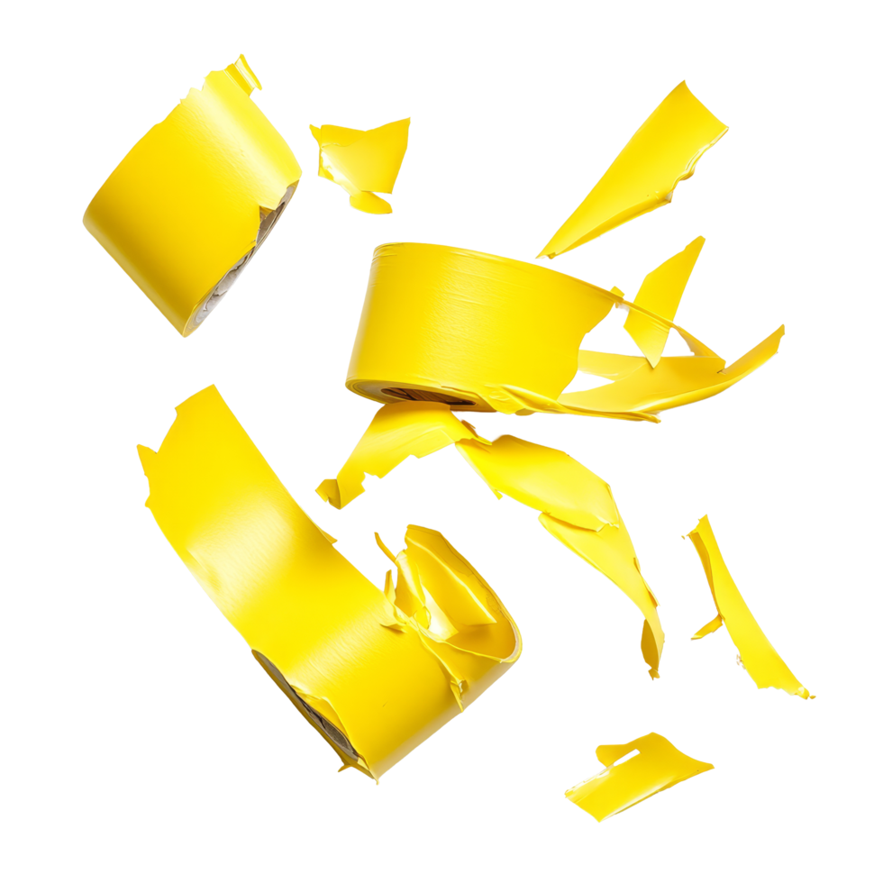 Torn yellow tape pieces scattered on a transparent background creating a vibrant and textured composition, yellow tapes on transparent backgroundfile. torn yellow sticky tape, adhesive pieces png