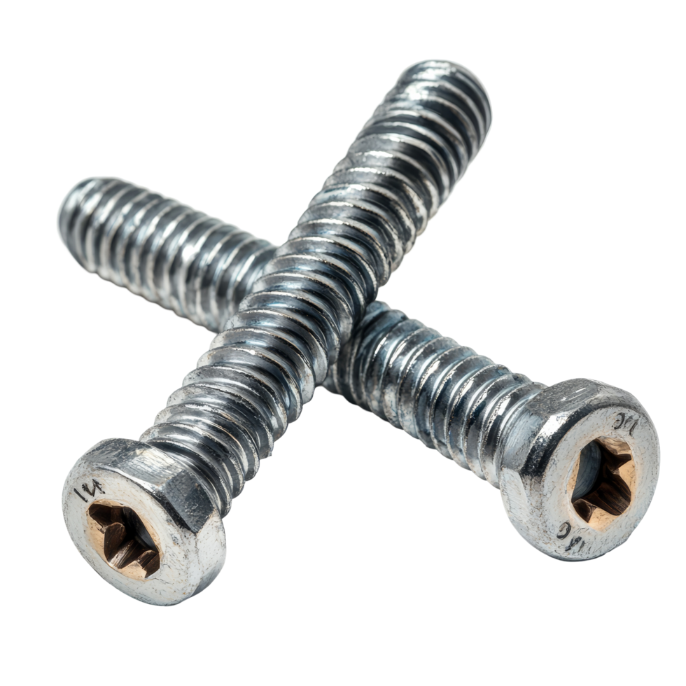 Three metal screws lying on a transparent background, showcasing detailed threading and design for mechanical applications, three screws isolated on a transparent background png