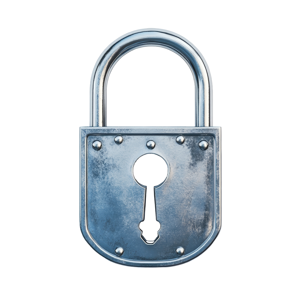 A metallic lock with a keyhole stands isolated against a light background, symbolizing security and protection, Lock with key isolated 3d Rendering png