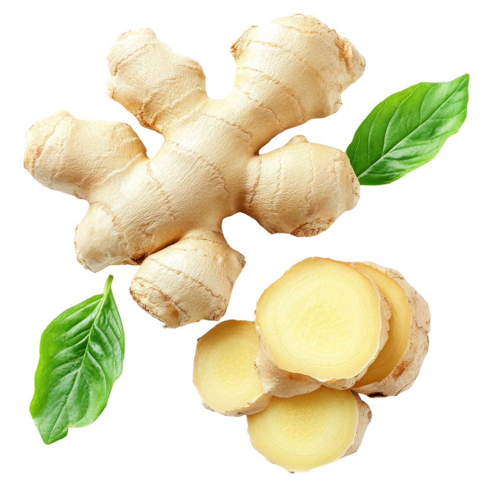 Fresh ginger root with slices and vibrant green leaves on a clean transparent background, ginger root slice and leaf on transparent background png