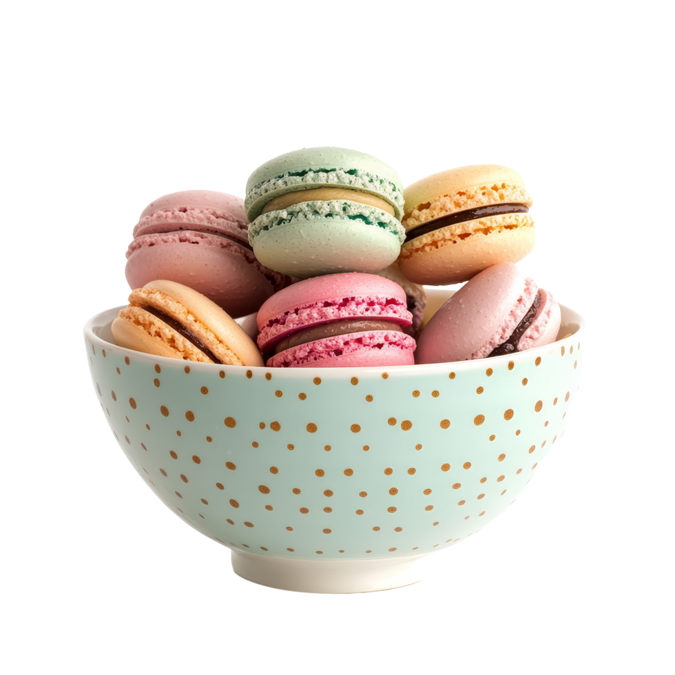 Colorful macaroons arranged in a decorative bowl on a transparent background, macaroons or macaron in the bowl on transparent background png