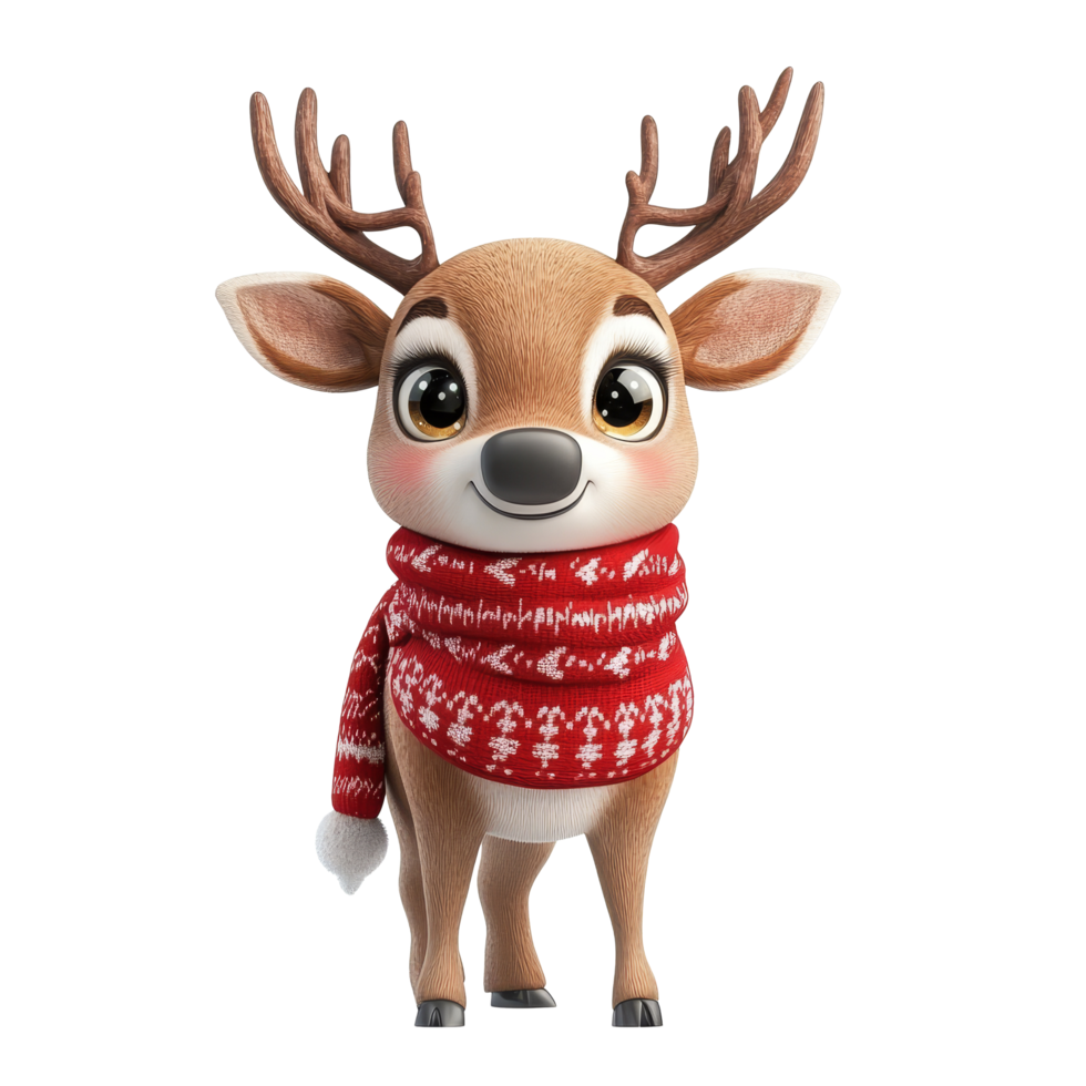 Adorable Christmas reindeer wearing a cozy red scarf isolated on a bright background, 3D Cute Christmas Reindeer with Red Muffler Isolated Illustration on transparent background png