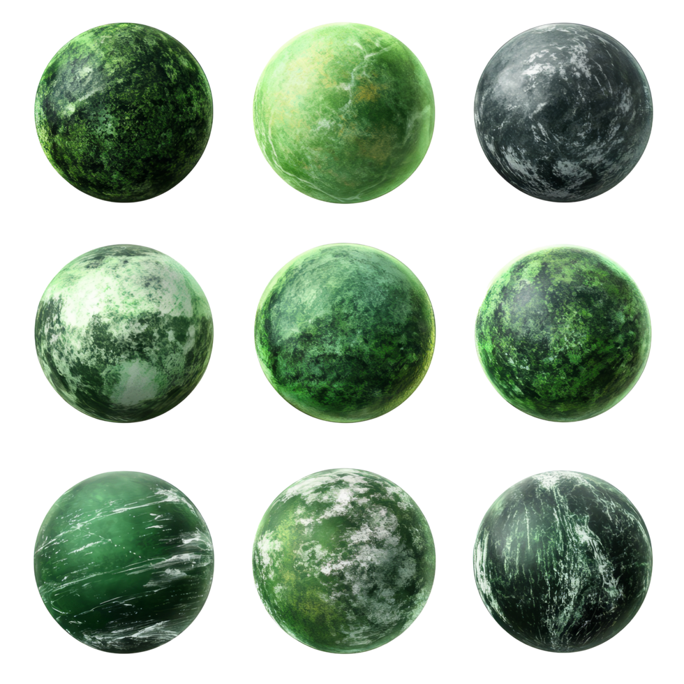 Explore a collection of green fantasy planets showcasing unique celestial designs and textures, Set Green Planets, Fantasy Celestial Bodies with Unique Textures, Isolated on transparent background png