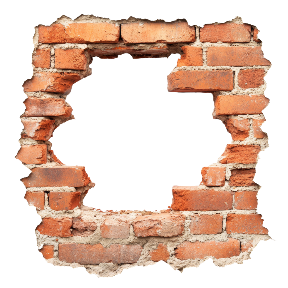 A hole in a red brick wall revealing a transparent background, highlighting texture and architectural details, hole in red brick wall isolated on transparent background png