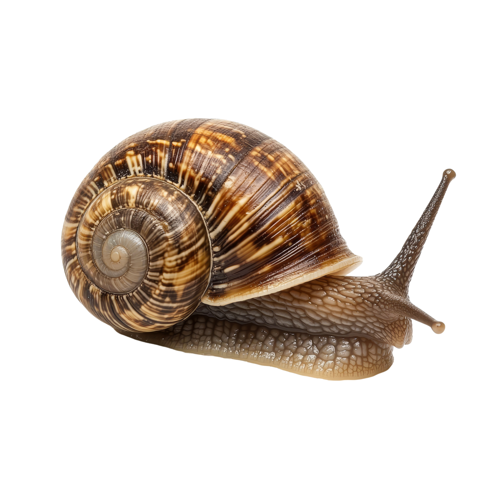 A closeup of a patterned snail crawling on a transparent background, highlighting its unique shell and texture, Snail isolated on transparent background png