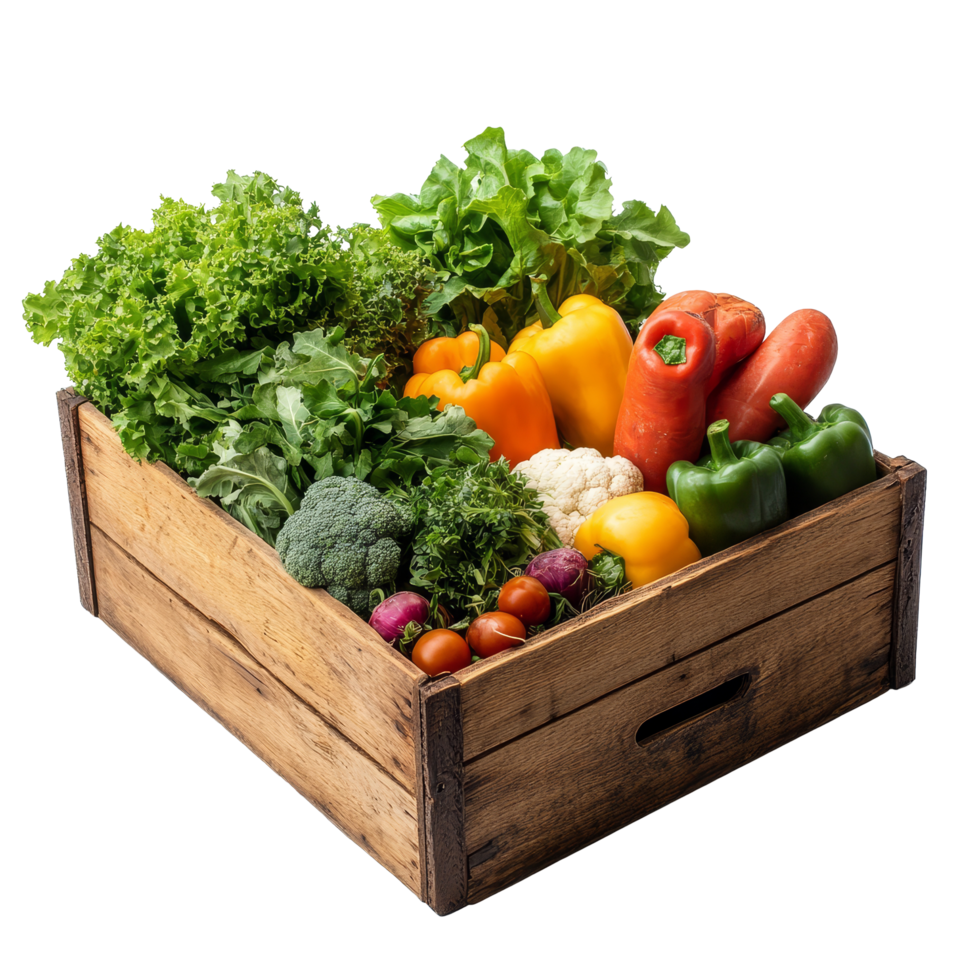 Freshly harvested vegetables arranged in a rustic wooden box on a transparent background, wooden box of vegetablesisolated on transparent background png
