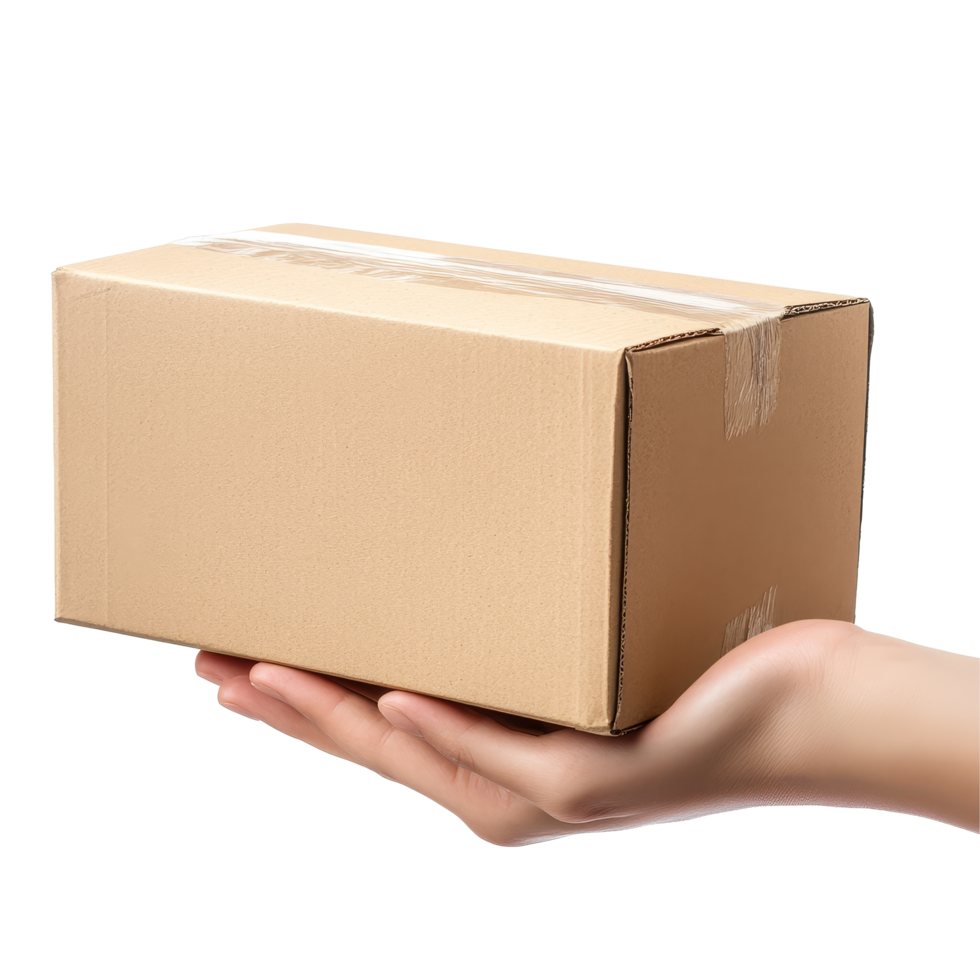 A person holds a cardboard box with a carton package in their hand, Hand holding cardboard box, giving carton package isolated on transparent png
