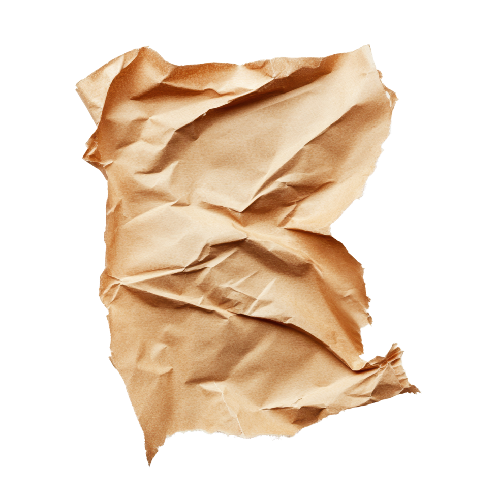 Torn brown tissue paper crumpled on a clean transparent surface, highlighting its texture and imperfections, torn brown tissue paper on transparent backgroundfile png