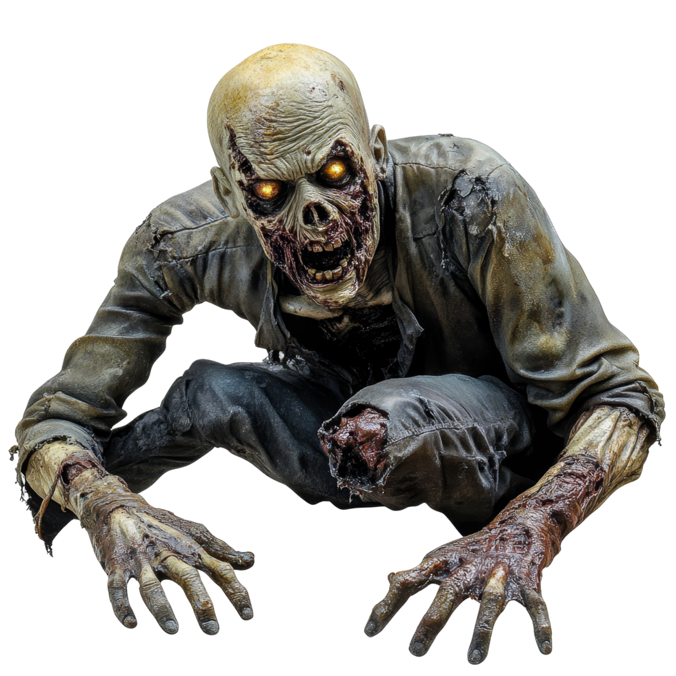 Crawling zombie with eerie glowing eyes on a transparent background showcasing Halloween horror aesthetics, Crawling Zombie on transparent background png