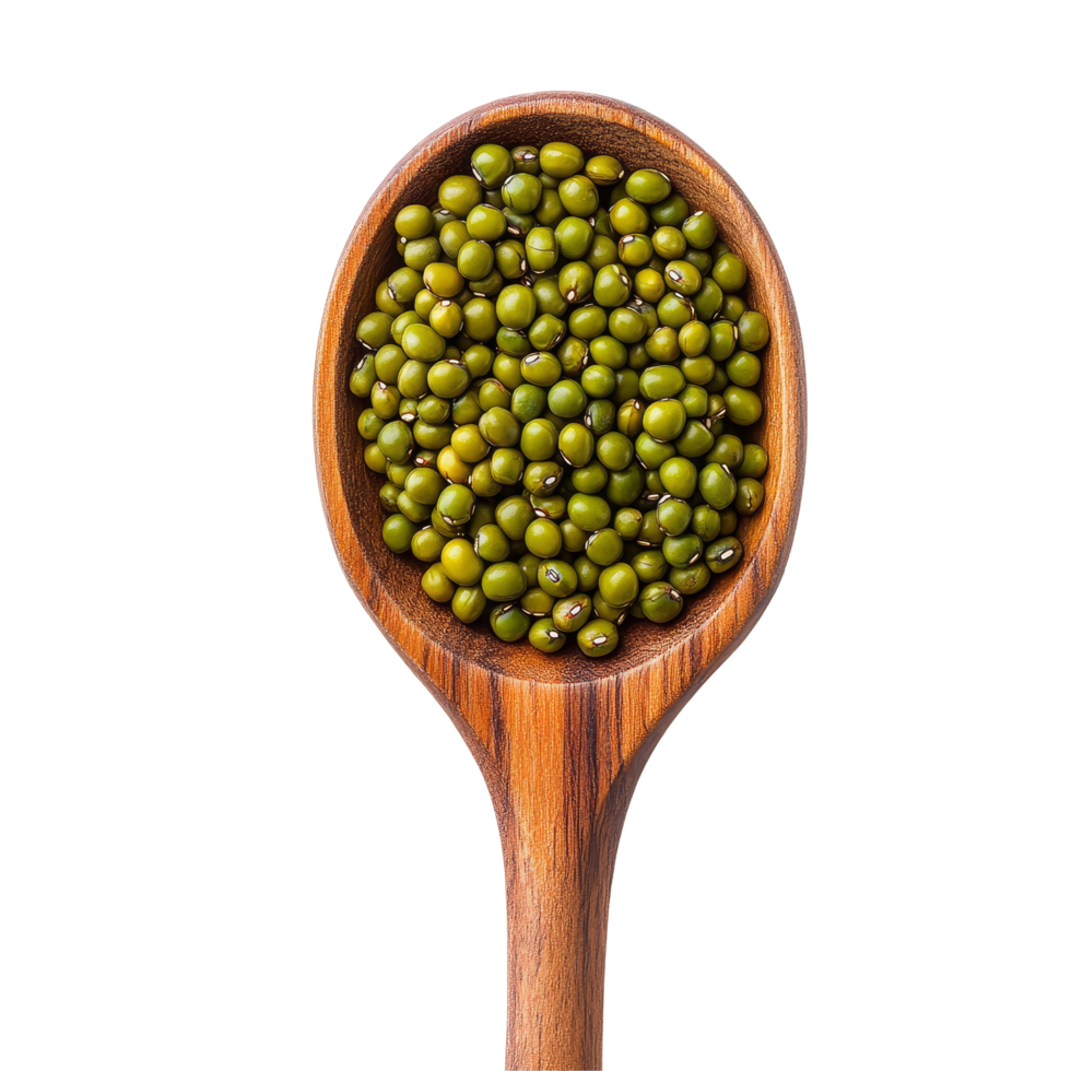 Fresh mung beans in a wooden spoon positioned against a clean transparent background for culinary inspiration, Mung beans in wood spoon isolated on transparent background png