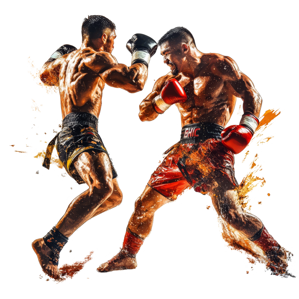 Dynamic Muay Thai fighters engage in a fierce match showcasing skill and strength against a clean transparent backdrop, Muay Thai Fighters in Action on transparent background png
